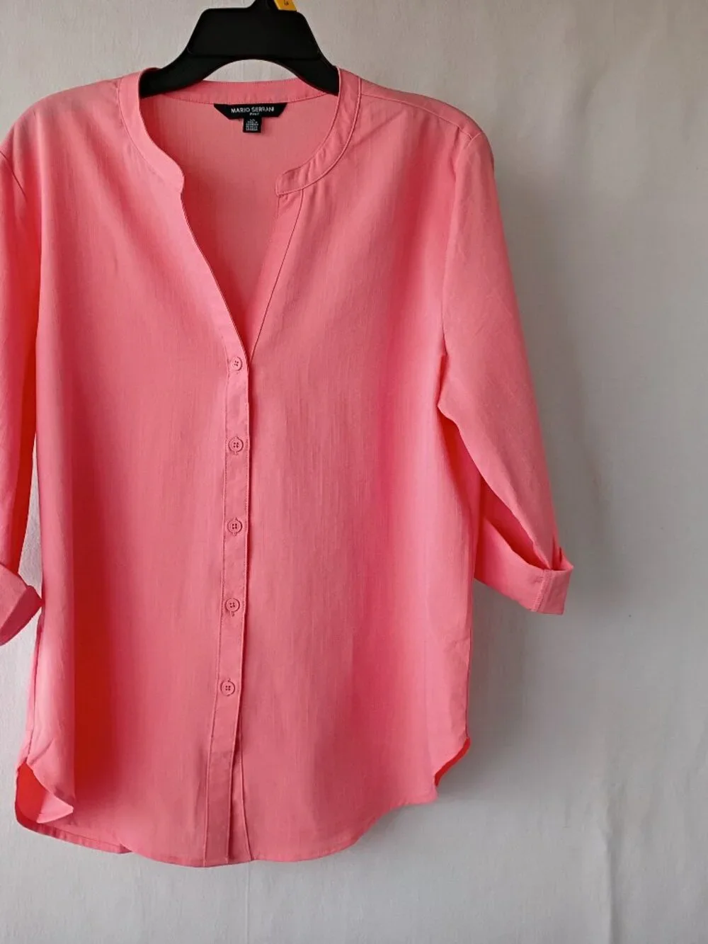 Mario Serrani Italy Pink Button Front Blouse L Roll Tab Sleeve Lightweight